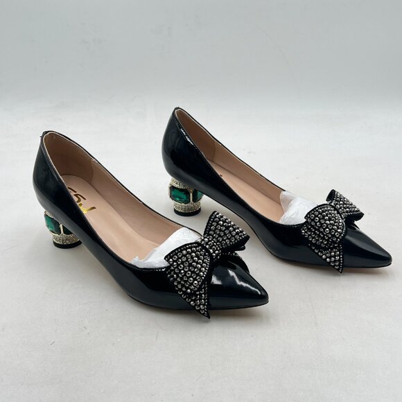 FSJ Black Pointed Toe Crystal Pump Rhinestone Bow Block Low Heel Slip On Shoes - Picture 4 of 8